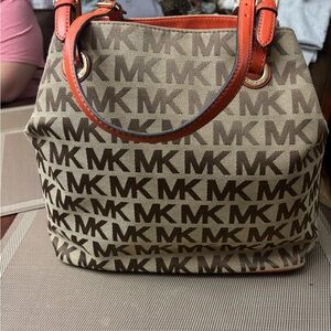 Michael Kors Brown Signature MK Tote with Orange Trim